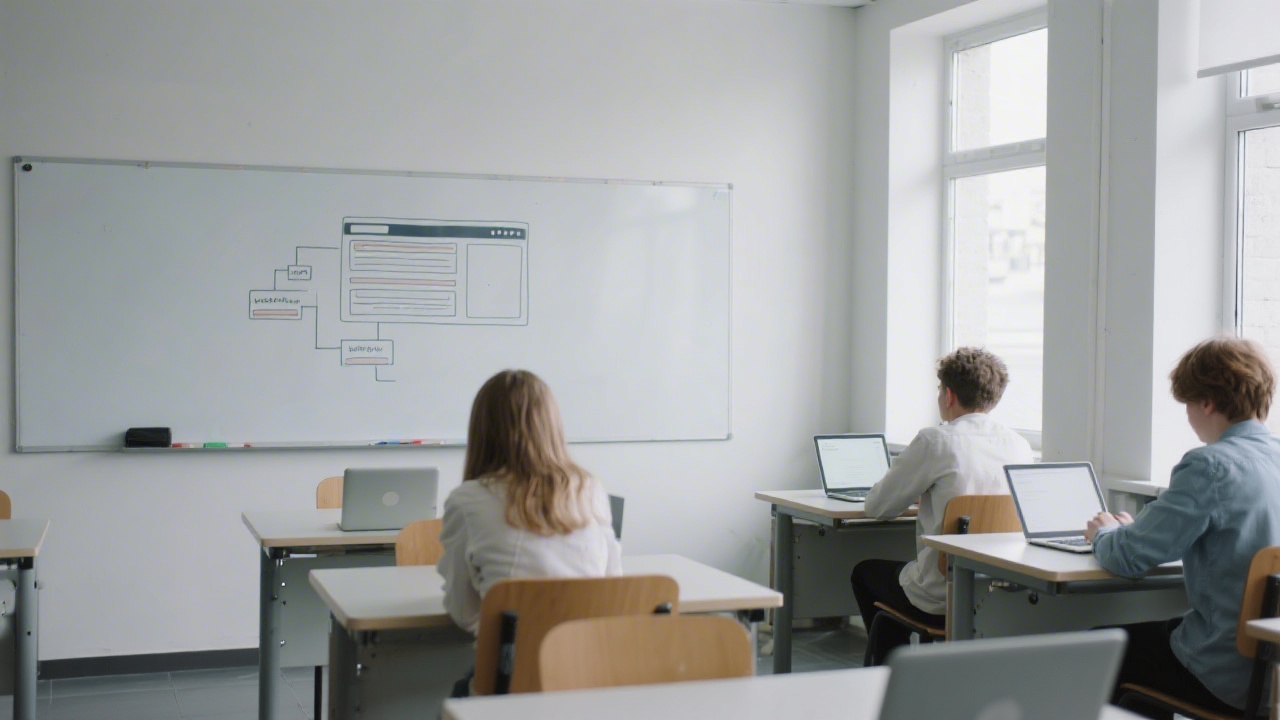 Modern classroom with a few students working quietly at desks, open laptops, and a whiteboard showing a simple website layout diagram.