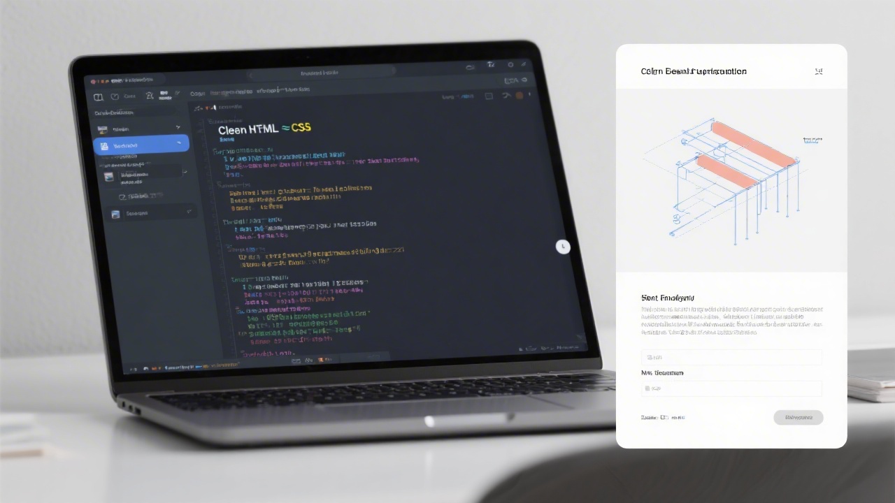 Laptop screen showing clean HTML and CSS in an editor beside a design mockup, representing the link between design and front-end structure.