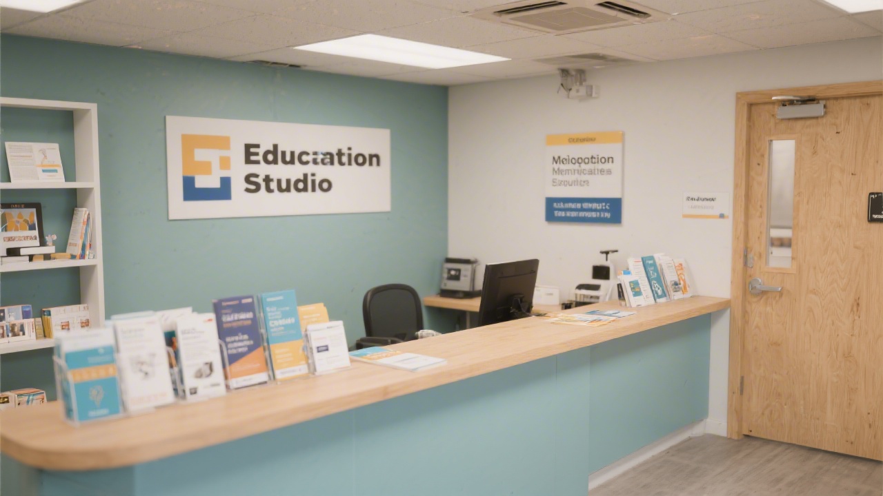 Reception desk inside a small educational studio with signage, neatly arranged brochures, and a calm professional atmosphere for inquiries.