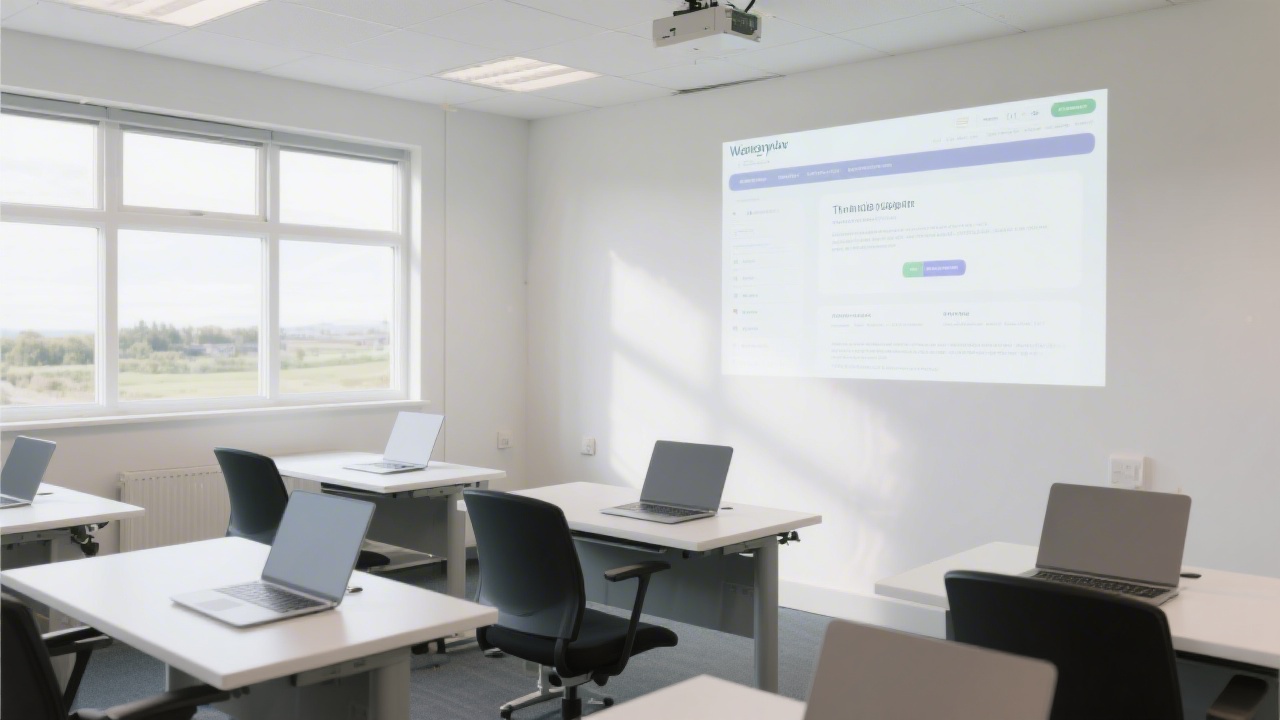 Bright training room in Waterford with modern desks, open laptops, natural light, and a projector wall showing a clean website layout for learning web design.