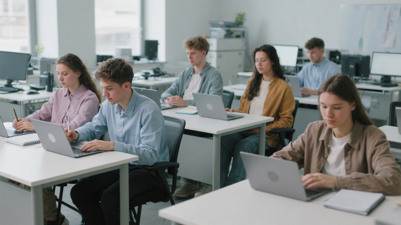 Students collaborating around a laptop and tablet, reviewing a homepage mockup, with tools and sticky notes indicating a hands-on design workshop setting.