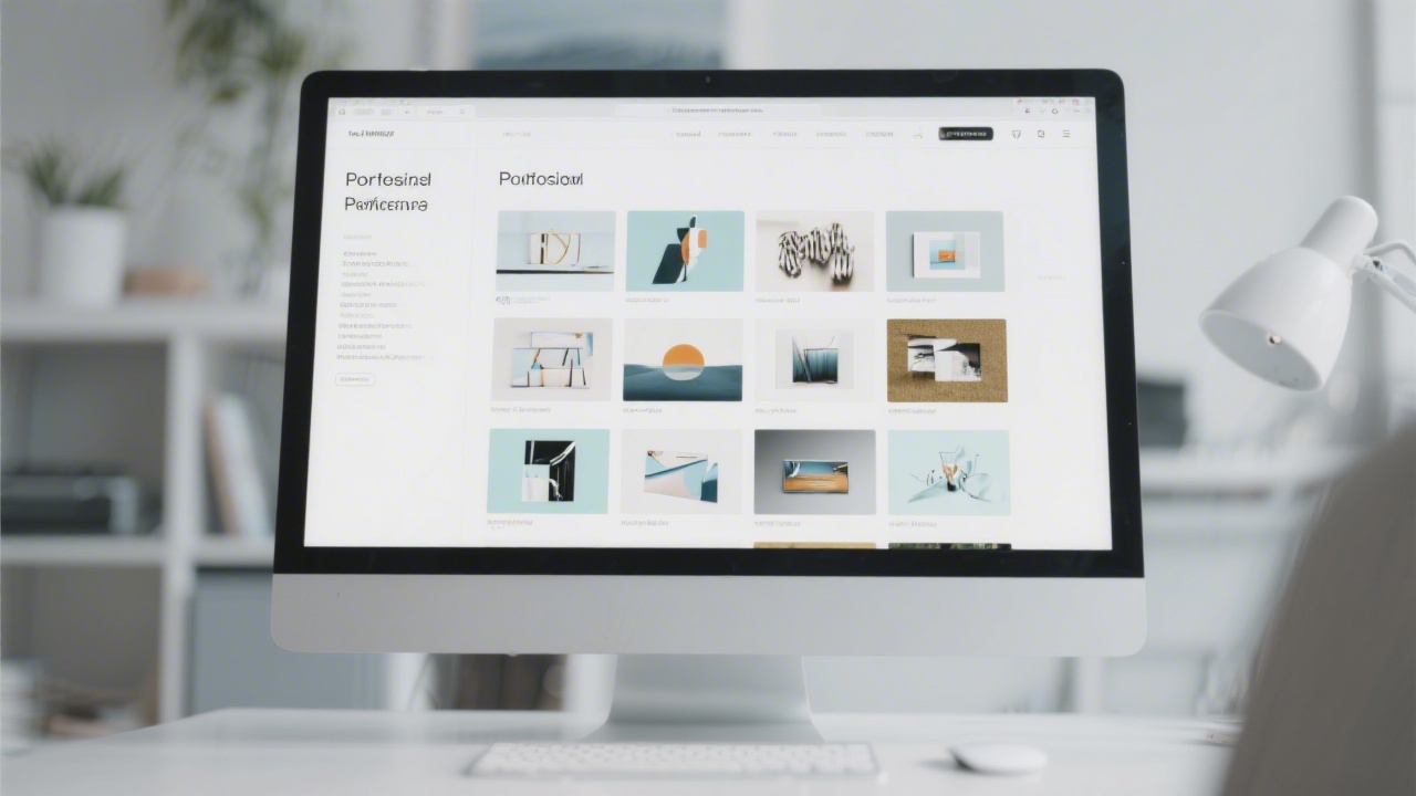 Large monitor displaying a polished portfolio website with a grid of projects, calm colors, and clear typography, ready for professional presentation.