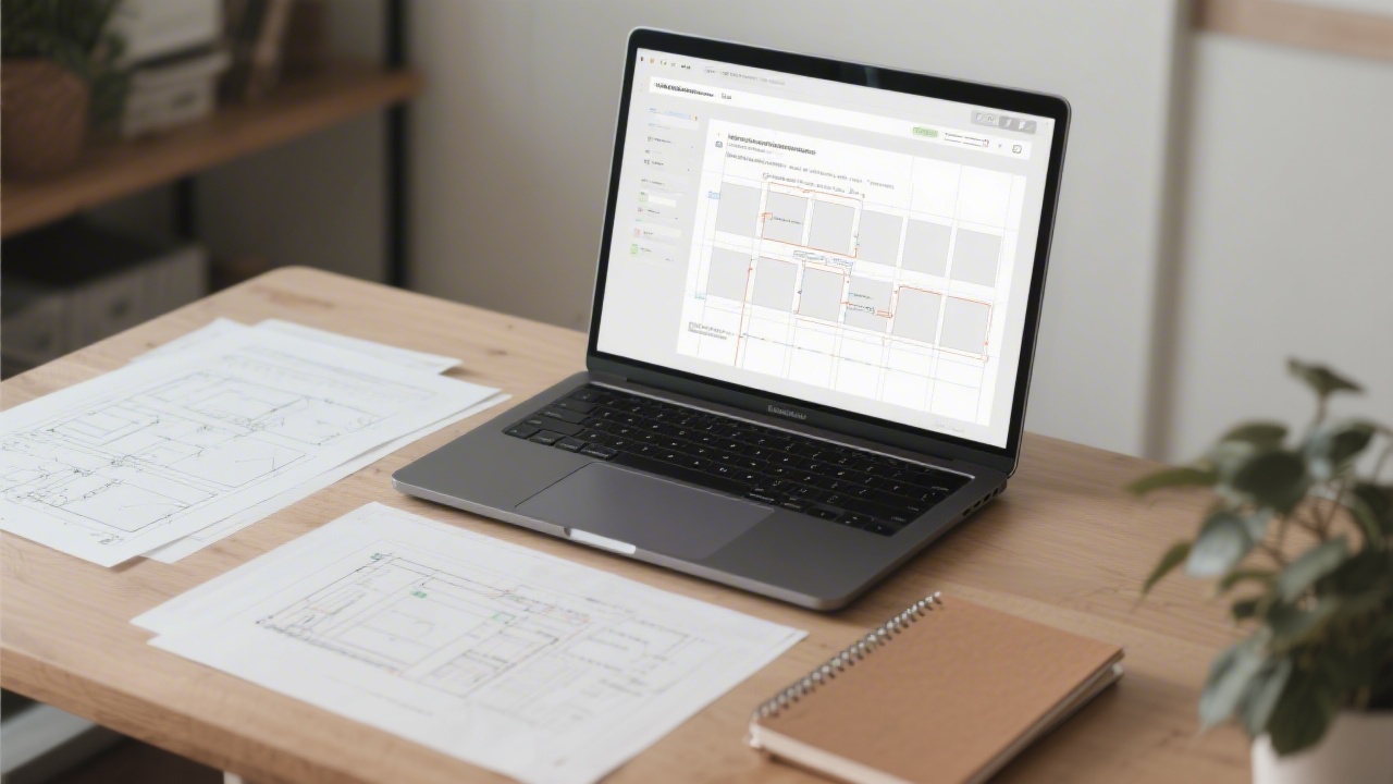 Desk with printed wireframes, a notebook, and a laptop displaying a clean interface grid, showing careful planning of layout and user flow for a website.