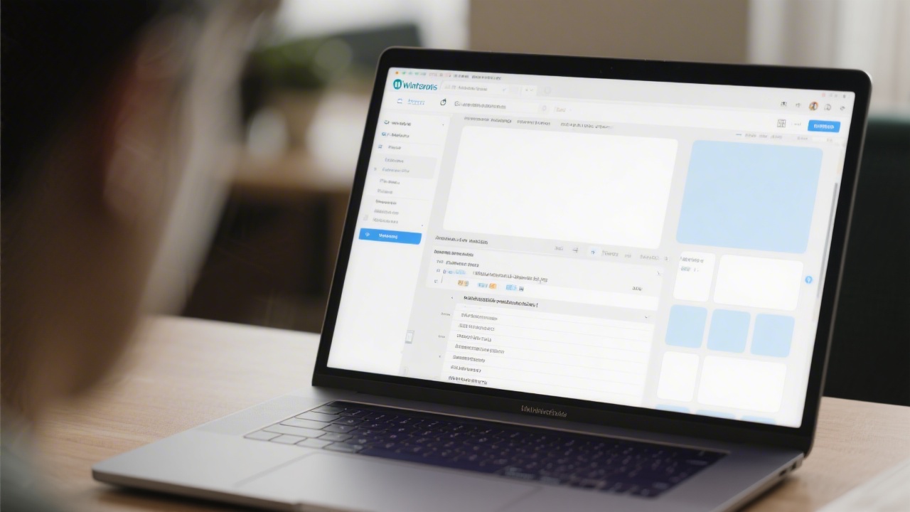 Laptop showing the WordPress editor with a clean template and layout blocks, demonstrating how a design is translated into a real website.