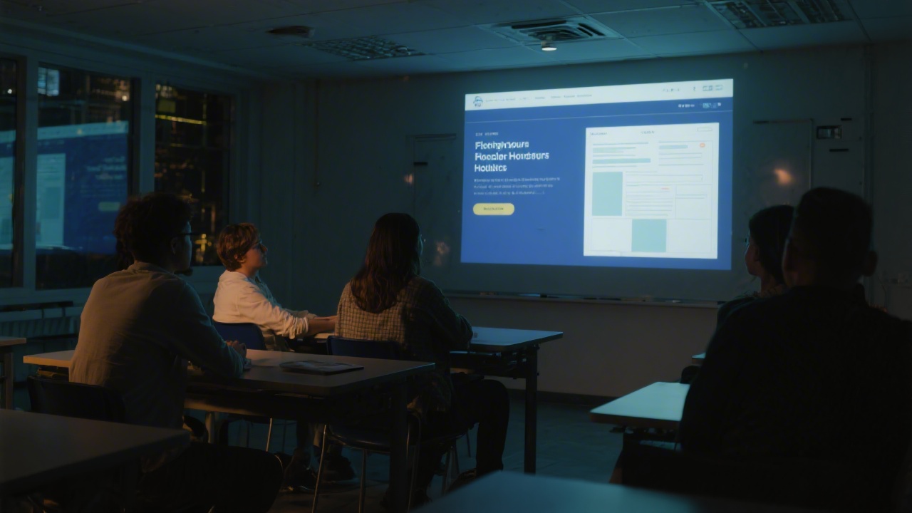 Evening classroom with dimmed lights, students viewing a projected website layout, indicating flexible learning hours and a focused workshop atmosphere.